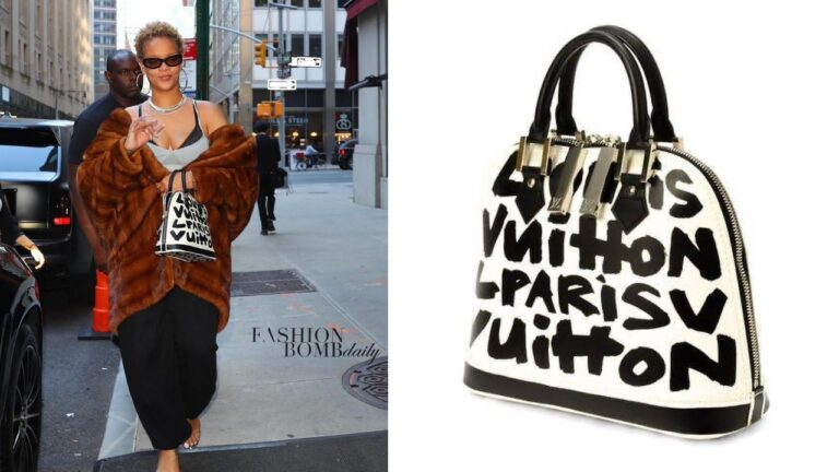 Rihanna Stepped Out in New York in a Brown Vintage John Galliano Mink coat with a Vintage 2001 Louis Vuitton X Stephen Sprouse Handbag 3
