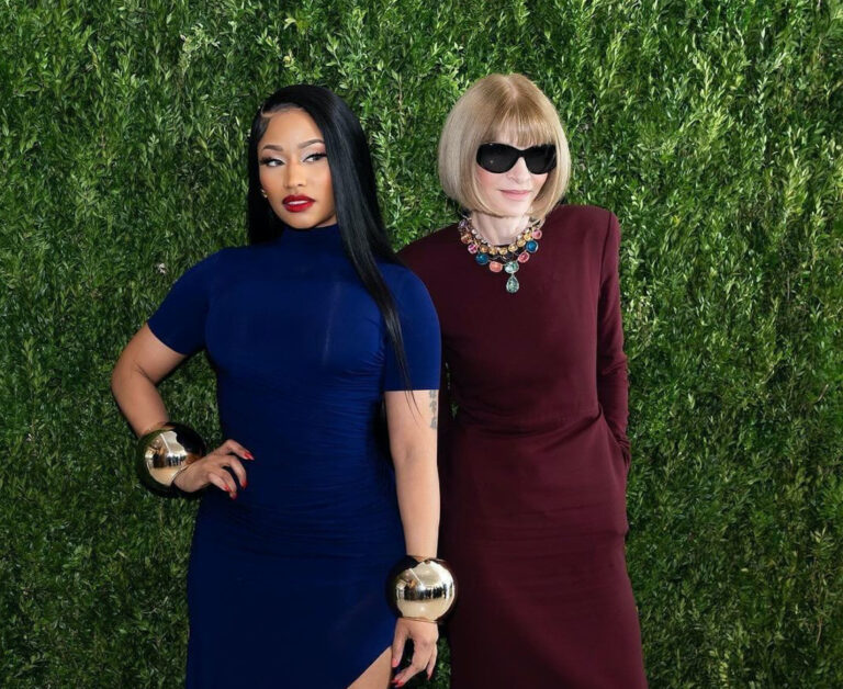 Nicki Minaj Attends Vogues Forces of Fashion Event in a Navy Alaia Dress and Schiaparelli Coat copy