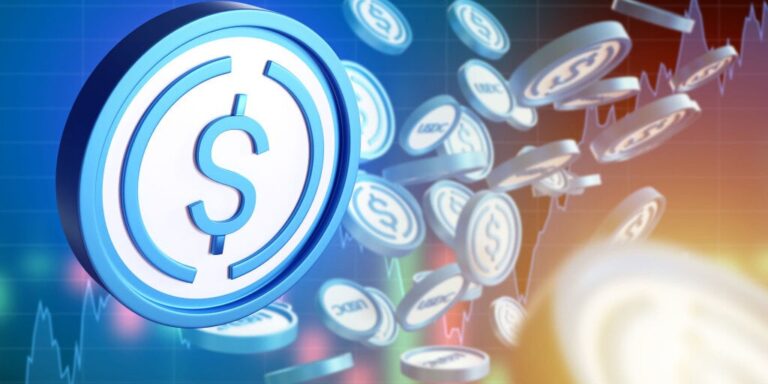circle usdc coins in front of stock chart gID 7